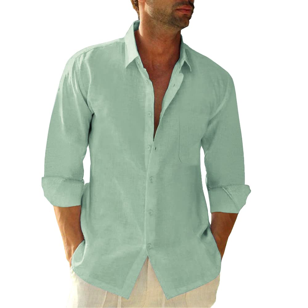 Button Down Linen Shirts for Men Casual Long Sleeve Regular Fit Cotton Beach Shirts with Pocket